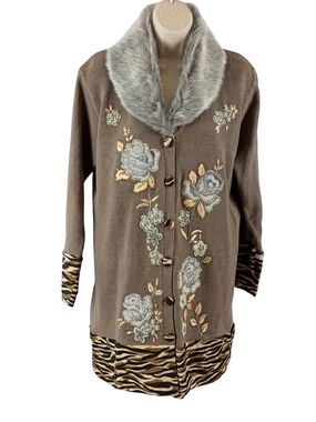 Vintage Storybook Knits Taupe Floral Embroidery Cardigan with Faux Fur Collar